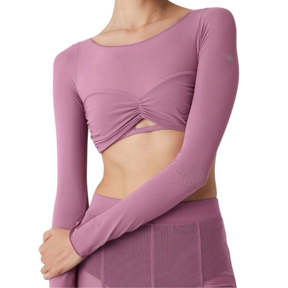 NWT Alo Yoga Mauve Mesh Sheer Illusion Cropped Long Sleeve Top Women's Large